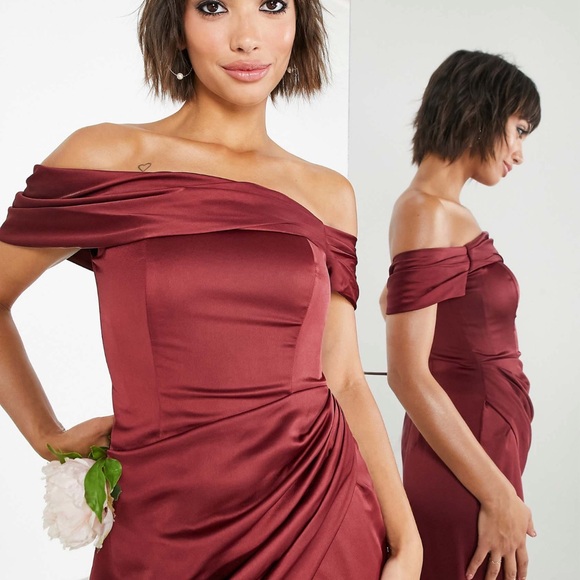 Bridesmaid satin bardot drape wrap maxi dress in wine - Picture 2 of 4